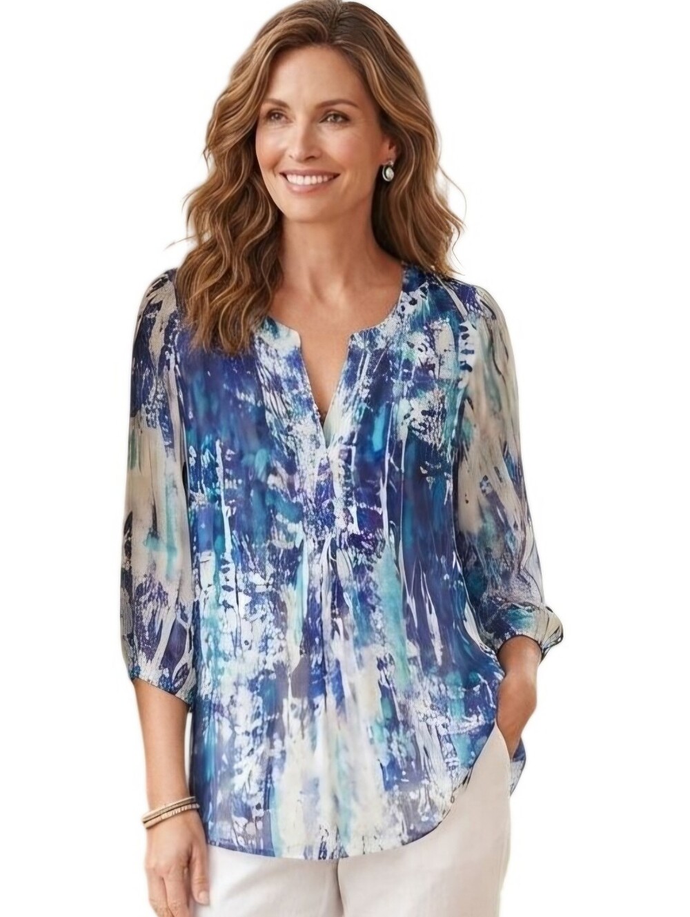 Soft Surroundings Blue Silk Tides Embellished Tunic 3/4 Sheer Sleeve Top Size M